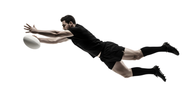Rugby player in midair, reaching for the ball, isolated on transparent background intense action shot of athlete - Powered by Adobe