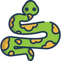 Stylized illustration of a green snake with yellow spots coiled against a transparent background, depicting a simple cartoon reptile.
