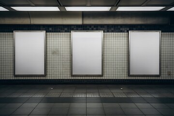 Three blank advertisement posters hanging on a tiled wall in an urban subway station.
