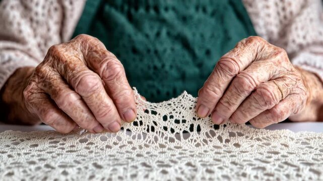 Elderly hands engaged in intricate lace making with delicate patterns on a wooden table surface, showcasing craftsmanship