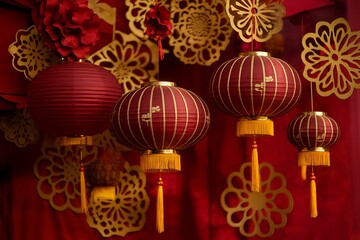Festive Chinese New Year Decorations with Red Lanterns and Golden Paper Cutouts Creating a Vibrant Ambiance