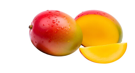 Two mangoes and a slice, isolated on transparent background tropical fruit with vibrant colors and juicy flesh