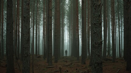 Fototapeta premium Mysterious figure walking through a foggy forest on a quiet afternoon