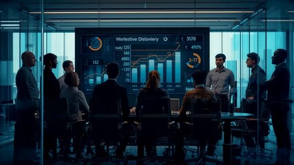 Business team analyzing financial growth charts on large digital screen in modern office - Powered by Adobe