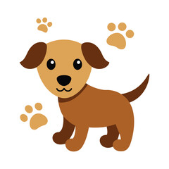 Cute cartoon puppy surrounded by colorful paw prints