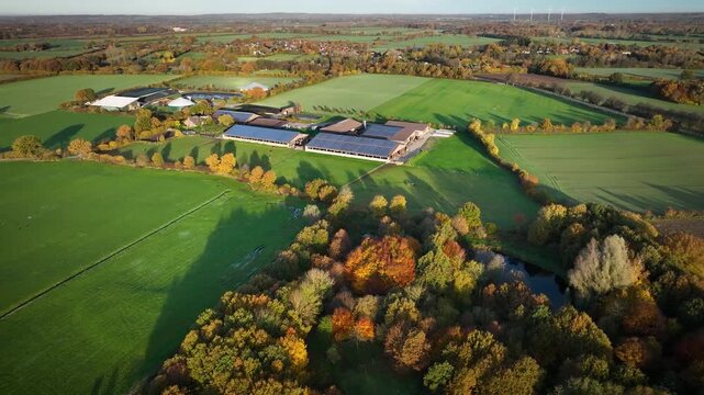 Aerial footage of modern livestock farm with photovoltaic panels on barn roofs, biogas plant, wide agricultural fields and autumn landscape stretching to horizon with wind turbines.