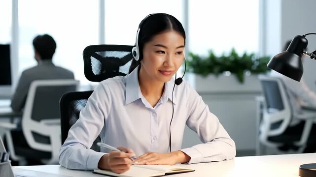 woman operator with headset. woman answer call. woman writes in notebook at desk. colleague works in background. laptop on desk. agent updates record and follows script. call log visible on screen.
