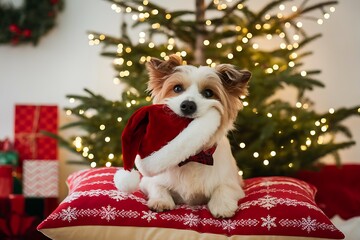 Adorable Dog Holding Santa Hat Near Christmas Tree Surrounded by Gifts, A Heartwarming Holiday Scene