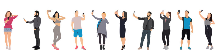 People using phones and taking selfies in various poses vector illustrtaion