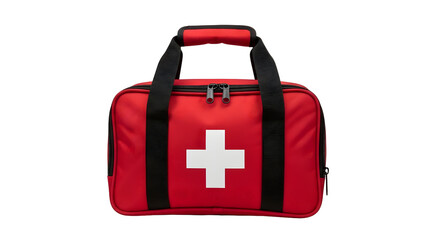 Red first aid kit bag with white cross isolated on transparent background, essential for emergency preparedness