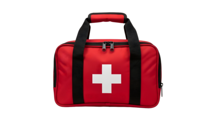 Red first aid kit bag with white cross isolated on transparent background, essential for emergency preparedness