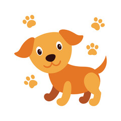 Cute cartoon puppy surrounded by playful paw prints