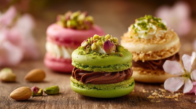 A stunning display of French macarons featuring rich flavors and delicate designs. Treat yourself to a colorful assortment that brightens up any dessert table with elegance and charm - Powered by Adobe