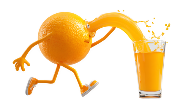 Orange Juice Transformation 3d rendered, isolated on transparent background