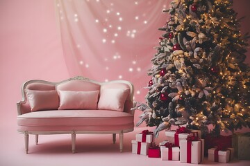 Luxurious Pink Christmas Scene with Elegant Sofa, Tree, and Gifts for a Festive Holiday Ambiance