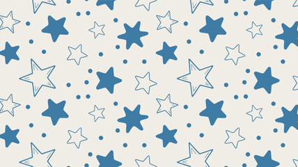 Fototapeta premium Seamless pattern of blue and white hand drawn stars and dots in a charming silhouette style on a light background