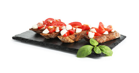 Tasty bruschettas with tomatoes, mozzarella cheese and basil isolated on white