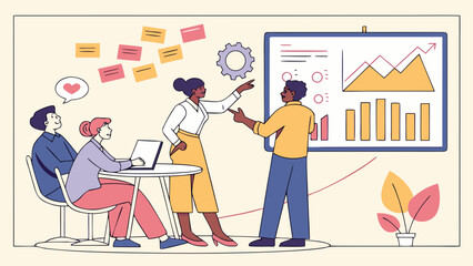 Team discussing business strategy with charts and graphs on whiteboard