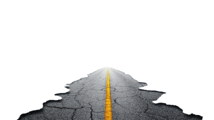 Cracked Road with Yellow Line and Snow on Transparent Background
