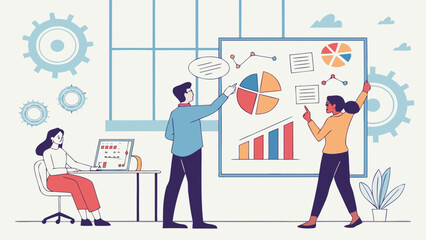Team analyzing data and charts on a whiteboard in a modern office