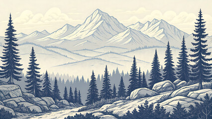 An Monochrome mountain landscape vector image with snow peak, layered ranges, dark evergreens, sunrise glow, woodcut style symmetry