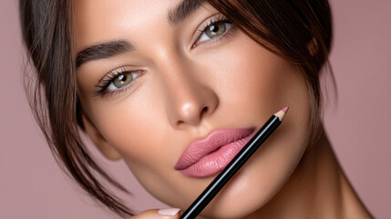 Beautiful woman with brown hair and green eyes holding pink lip liner, flawless skin, natural makeup, soft lighting, beauty concept