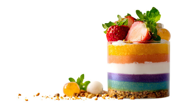 Rainbow layered dessert with fresh fruit, isolated on transparent background