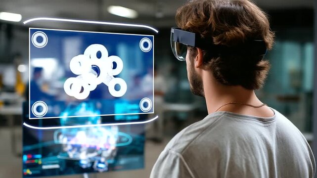 Back view of student's shoulders with focused augmented reality display showing mechanical modeling project, with copy space