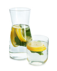 Refreshing water with lemon and mint isolated on white