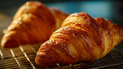 Two golden brown flaky pastries resting on a cooling rack with a blurred background and warm natural sunlight highlighting their texture and layers