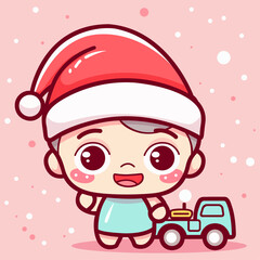 Cute Baby Truck Driver in Santa Hat – Christmas Transport Cartoon Vector Illustration