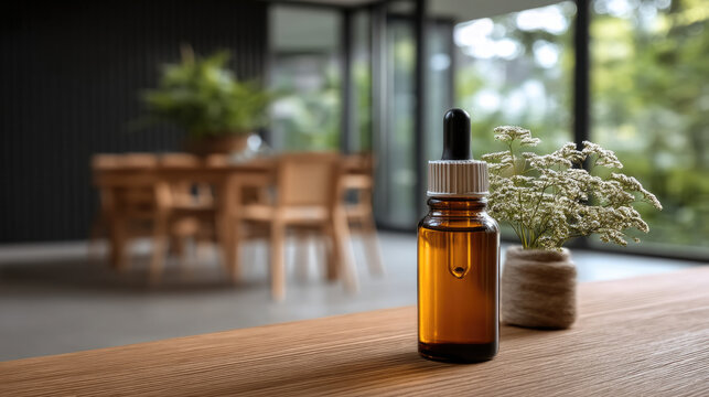 Amber glass dropper bottle on wooden table with white flowers, modern dining room interior, natural light, calm and peaceful atmosphere - Powered by Adobe