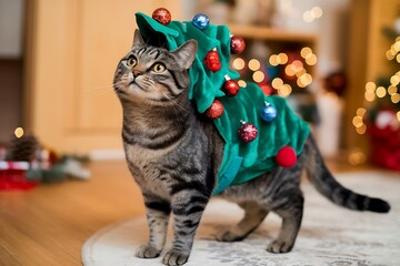 Adorable Tabby Cat Dressed as a Christmas Tree Standing on a Rug in a Festive Room.