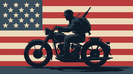 Patriotic silhouette of a soldier riding a motorcycle against the backdrop of the american flag symbolizing freedom and remembrance