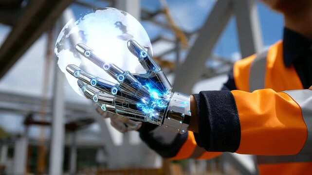 Partial view of engineer's arms holding device with clear focused digital twin projection on steel structures, with copy space