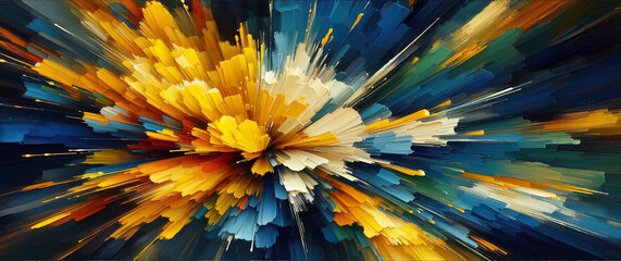 Banner, wall art of vibrant abstract painting with impasto brushstrokes, yellow-gold contrasts dark blues and greens, central explosion of color suggests dynamic energy and modern expressionist style