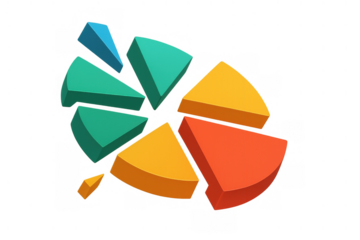 Exploding 3d pie chart parts representing data analysis, market share, and business insights on transparent background
