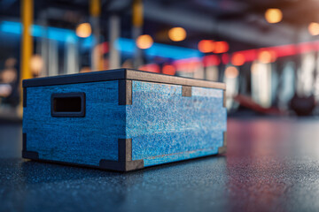 Blue wooden plyometric box placed on the gym floor with blurred exercise equipment and warm ambient lighting in the background for functional training sessions