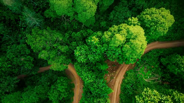 Aerial view of two dirt roads splitting through dense green forest canopy