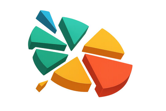Exploding 3d pie chart parts representing data analysis, market share, and business insights on transparent background