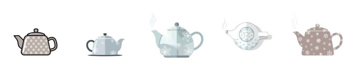 Snowflake Teapot Flat Icon Set Winter Hot Beverage Illustration Collection