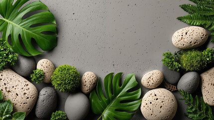 Beautiful composition with spa stones and tropical leaves on grey background, top view