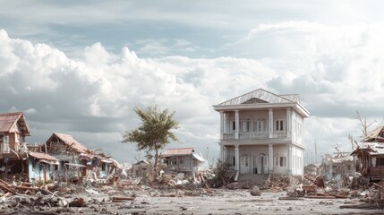 Remnants of a coastal village ravaged by natural disaster, aftermath scene
