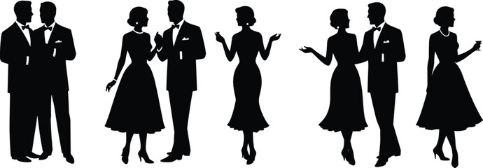 Elegant couple silhouettes vector illustration, vintage formal fashion design, retro man and woman party style, classic social gathering elegance concept artwork