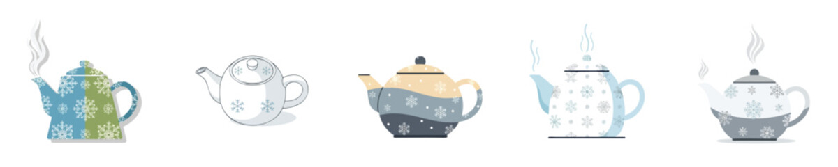 Winter Teapot Flat Design Snowflake Collection Modern Minimalist Hot Drink Set