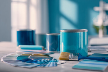 Various shades of blue paint cans, paintbrush, and color swatches displayed on a table for home decoration and renovation projects in natural light
