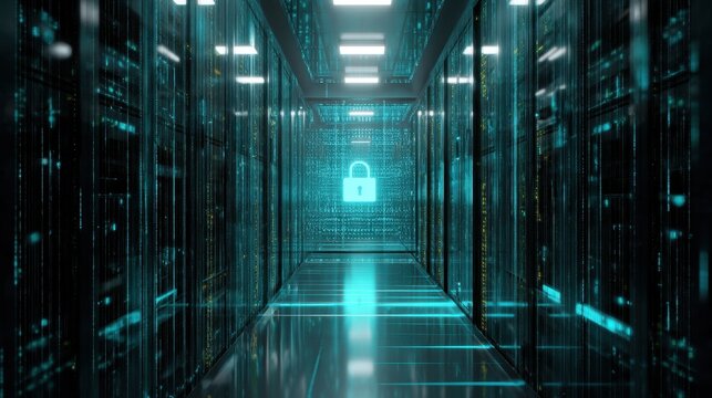 A digital representation of a secure data center hallway featuring futuristic technology and holographic lock symbols, symbolizing cybersecurity.