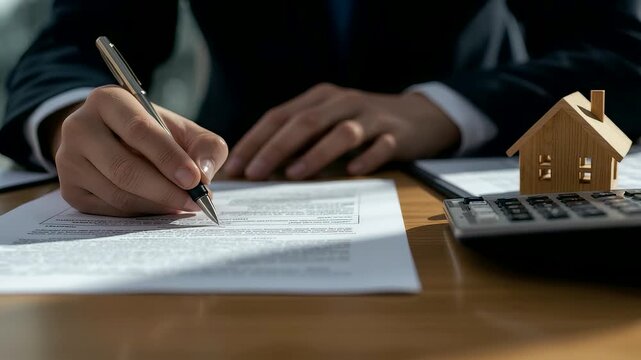 Hand signs real estate contract on desk with house model and calculator in business setting