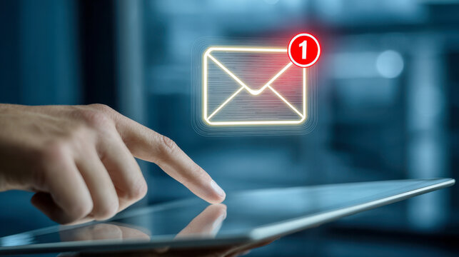 Close-up of hand interacting with digital tablet displaying new message notification icon representing modern communication and email alerts in technology environment