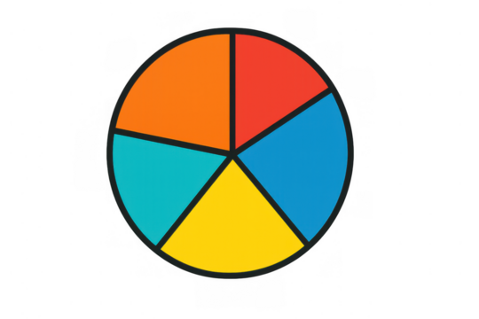 Pie chart displaying five different sized segments in vibrant colors. Representing data analysis, statistics, and information distribution